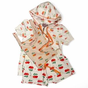 Three Piece Complementary Juicy Cherry print hoodie, shorts and tank set in Very